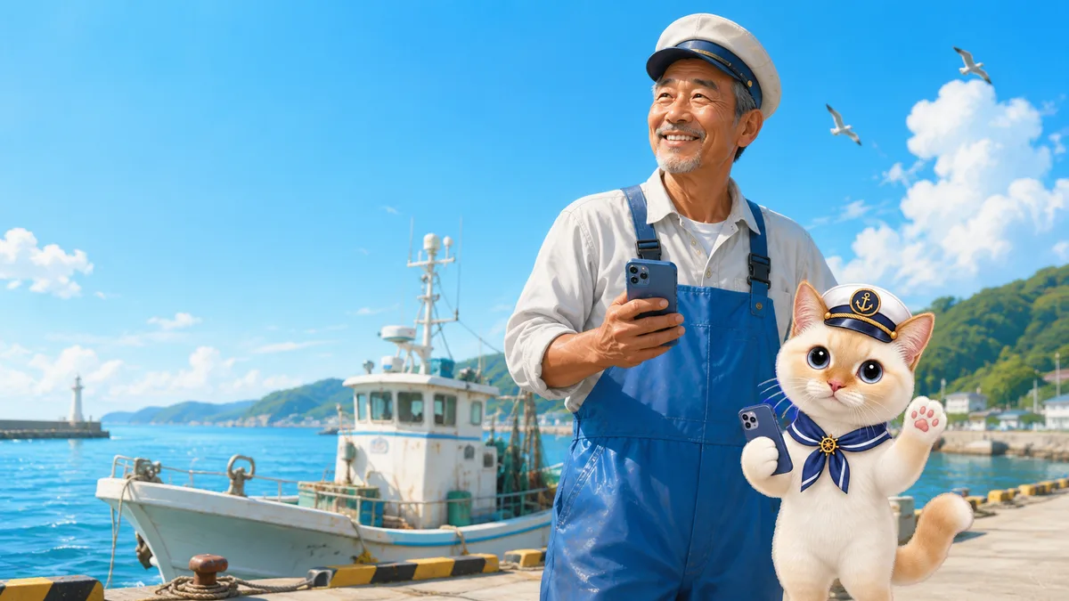 港で釣り船を前にした船長と、その相棒の猫のイラスト