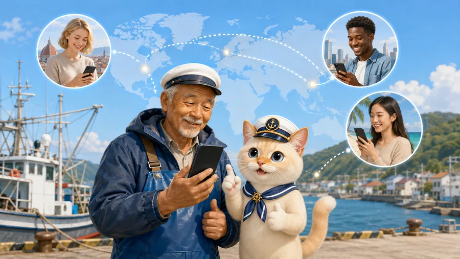 外国人のお客様と船長がやり取りしている様子のイラスト