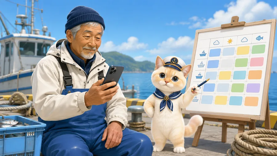 スマートフォンで出船日と空き人数を確認する船長のイラスト